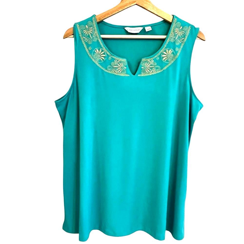 Susan Graver Womens Liquid Knit Sleeveless Top Sz XL Embroidered Mature Stretch